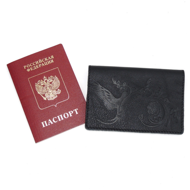 Обложка для паспорта черная кожаная ОП-71 Птица Обложка для паспорта черная кожаная ОП-71 Птица