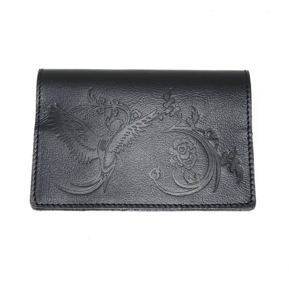 Обложка для паспорта черная кожаная ОП-71 Птица Обложка для паспорта черная кожаная ОП-71 Птица