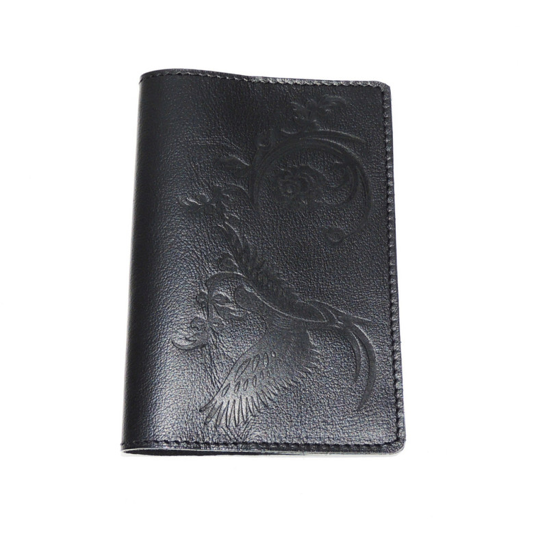 Обложка для паспорта черная кожаная ОП-71 Птица Обложка для паспорта черная кожаная ОП-71 Птица